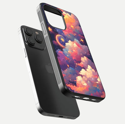 Starlit Dream Clouds Glass Case for iPhone 15 Pro floating dual-view mockup displaying gloss and soft light detail