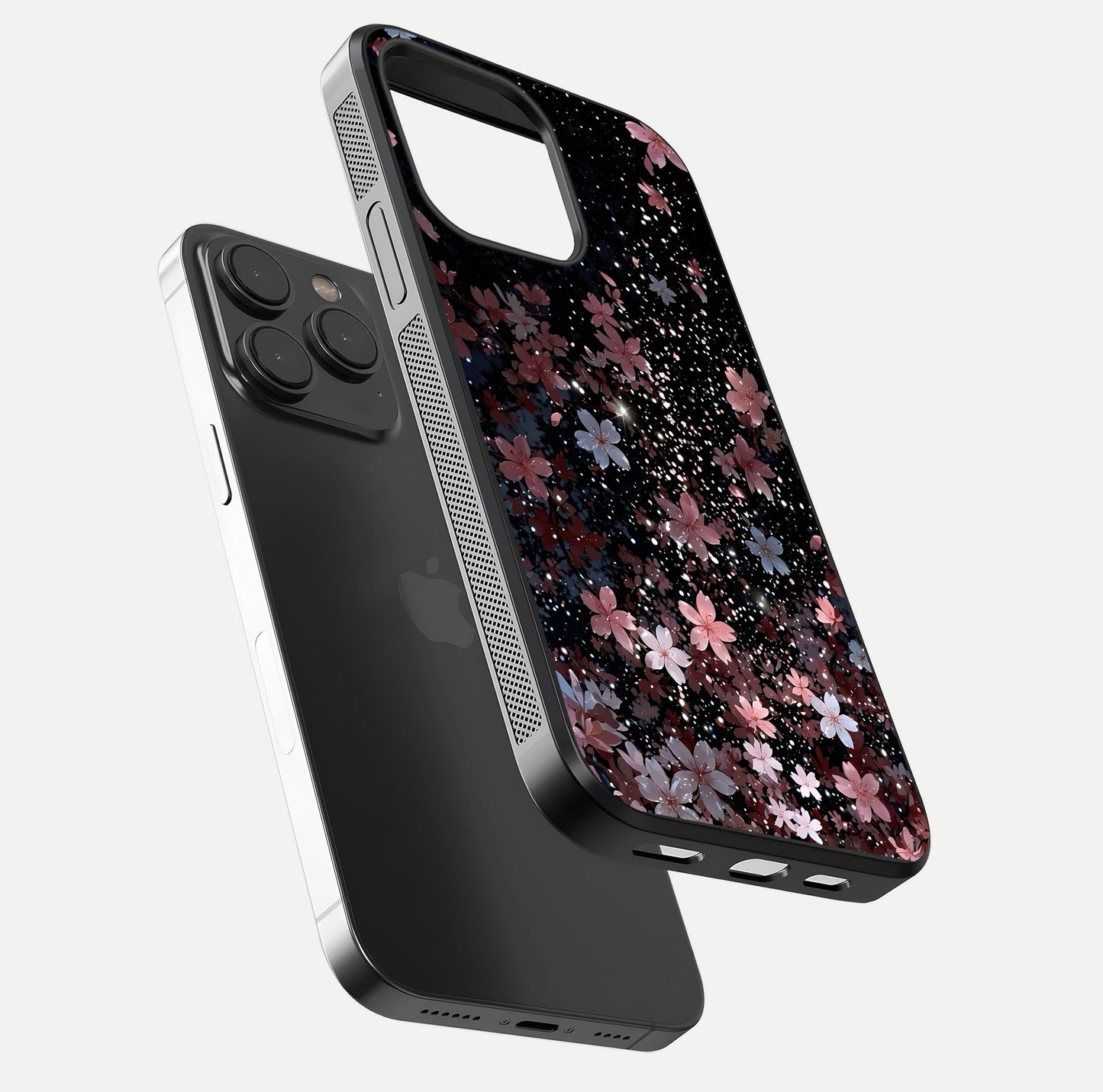 Starlit Flower Dreams Glass Case for iPhone 15 Pro floating dual-view mockup displaying gloss and print clarity