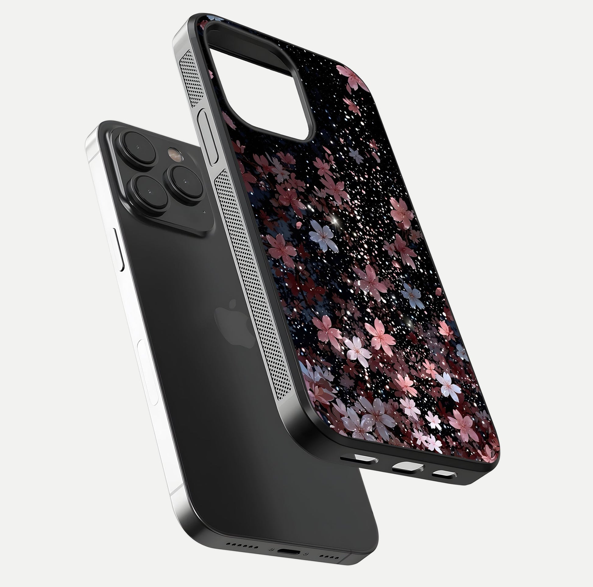 Starlit Flower Dreams Glass Case for iPhone 15 Pro floating dual-view mockup displaying gloss and print clarity