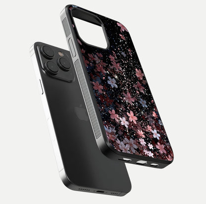 Starlit Flower Dreams Glass Case for iPhone 15 Pro floating dual-view mockup displaying gloss and print clarity