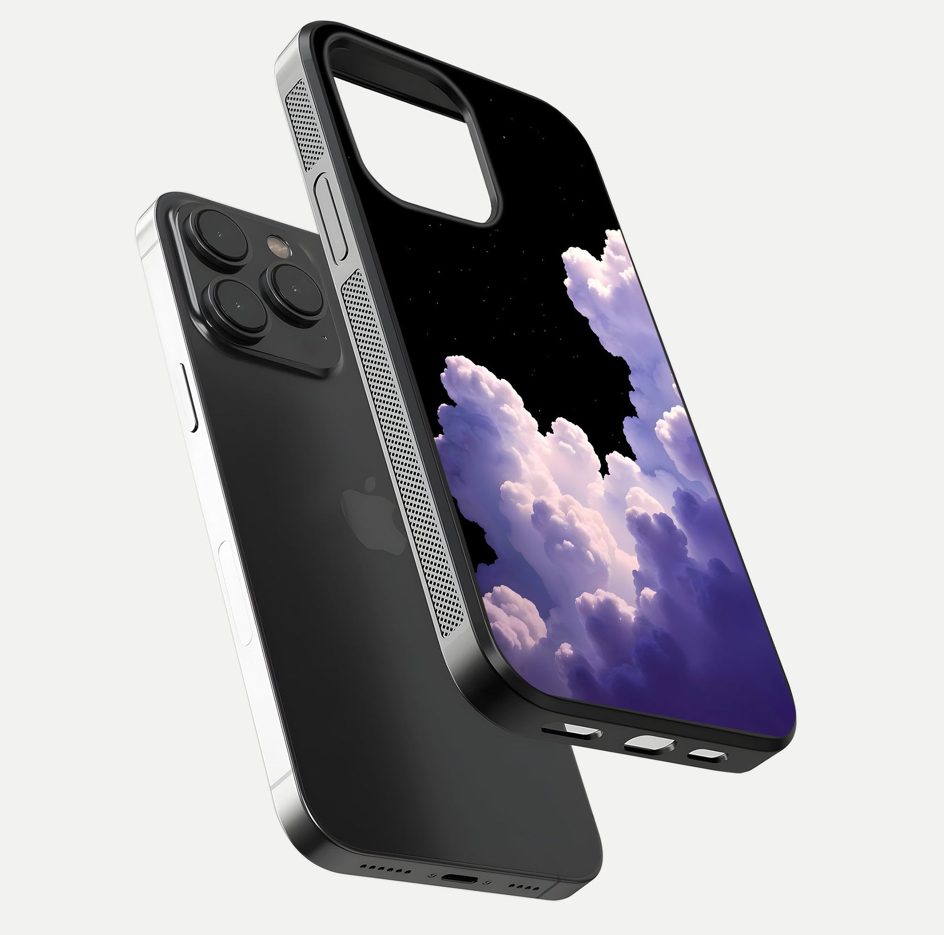 Starlit Night Whispers Glass Case for iPhone 15 Pro floating dual-view mockup displaying gloss surface and depth