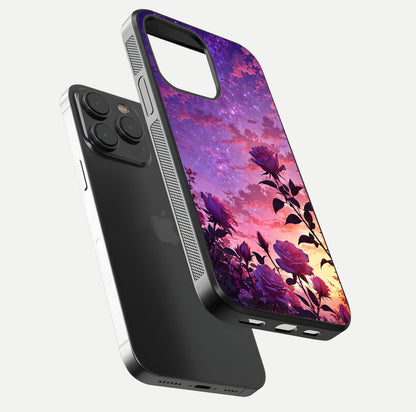 Starlit Rose Twilight Glass Case for iPhone 15 Pro floating dual-view mockup displaying gloss shine and depth