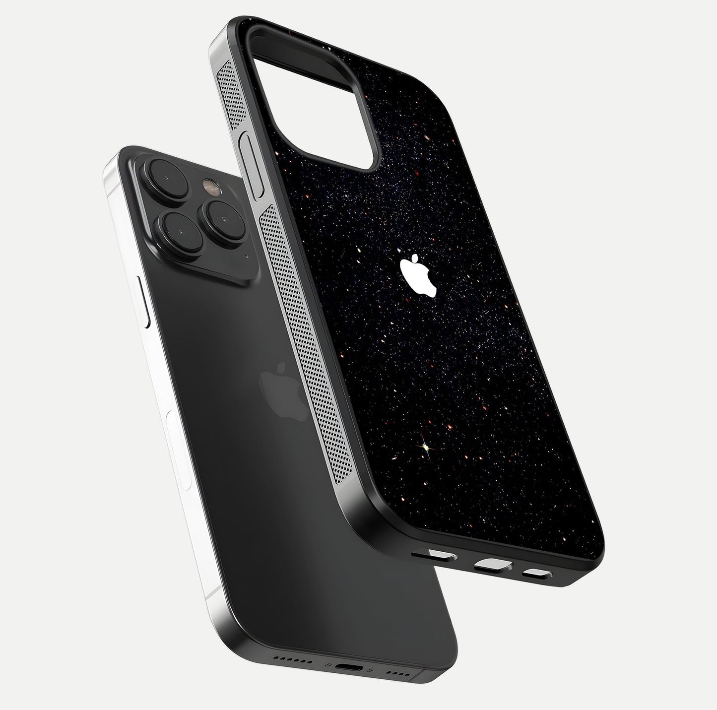 Starry Apple Galaxy Glass Case for iPhone 15 Pro floating dual-view mockup displaying reflection and shine
