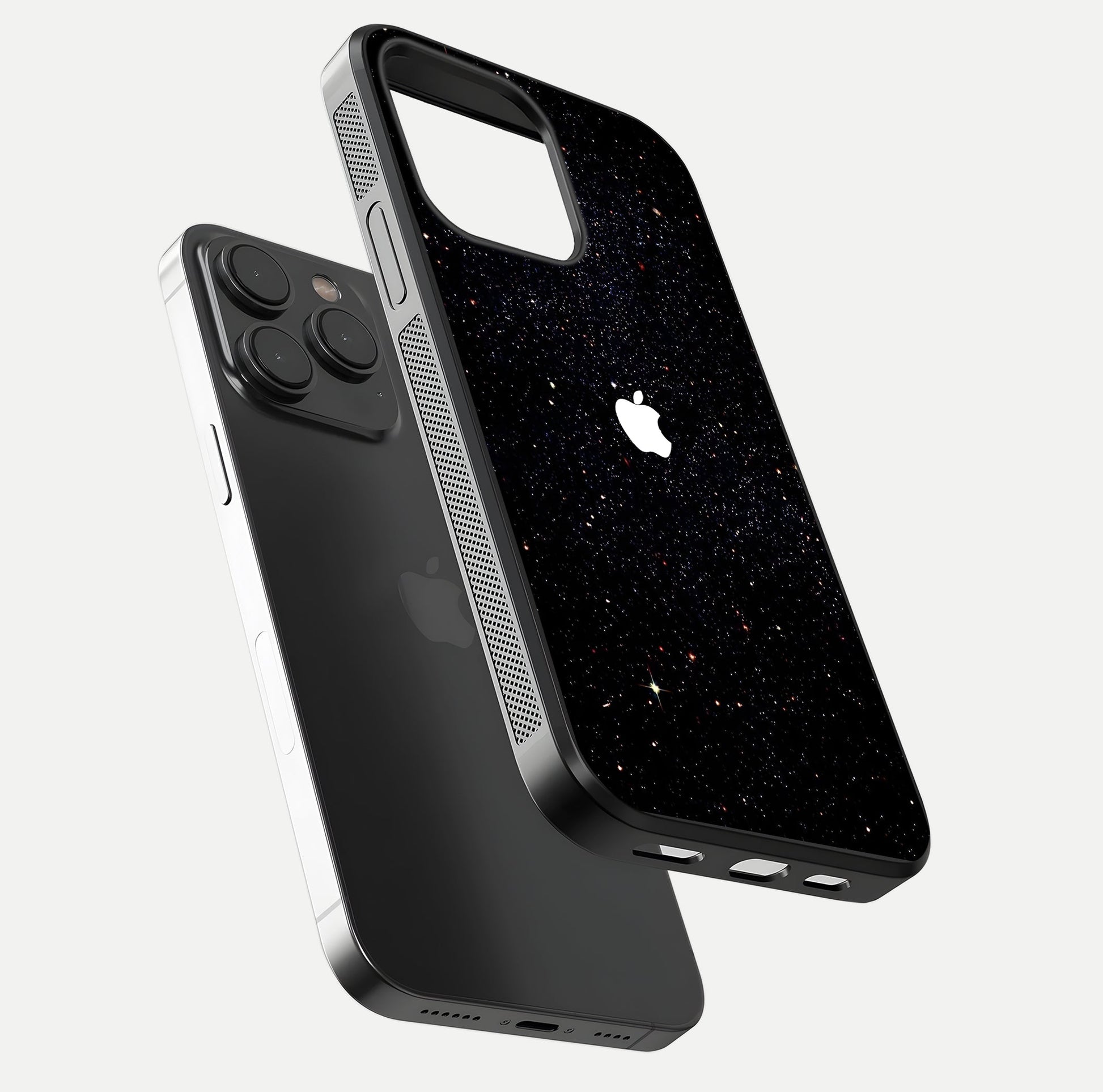 Starry Apple Galaxy Glass Case for iPhone 15 Pro floating dual-view mockup displaying reflection and shine