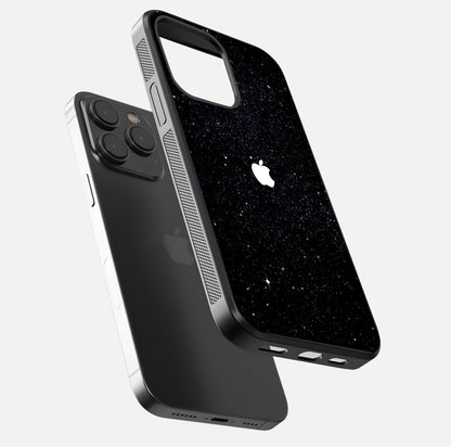 Starry Apple Galaxy Glass Case for iPhone 15 Pro floating dual-view mockup displaying reflection and shine