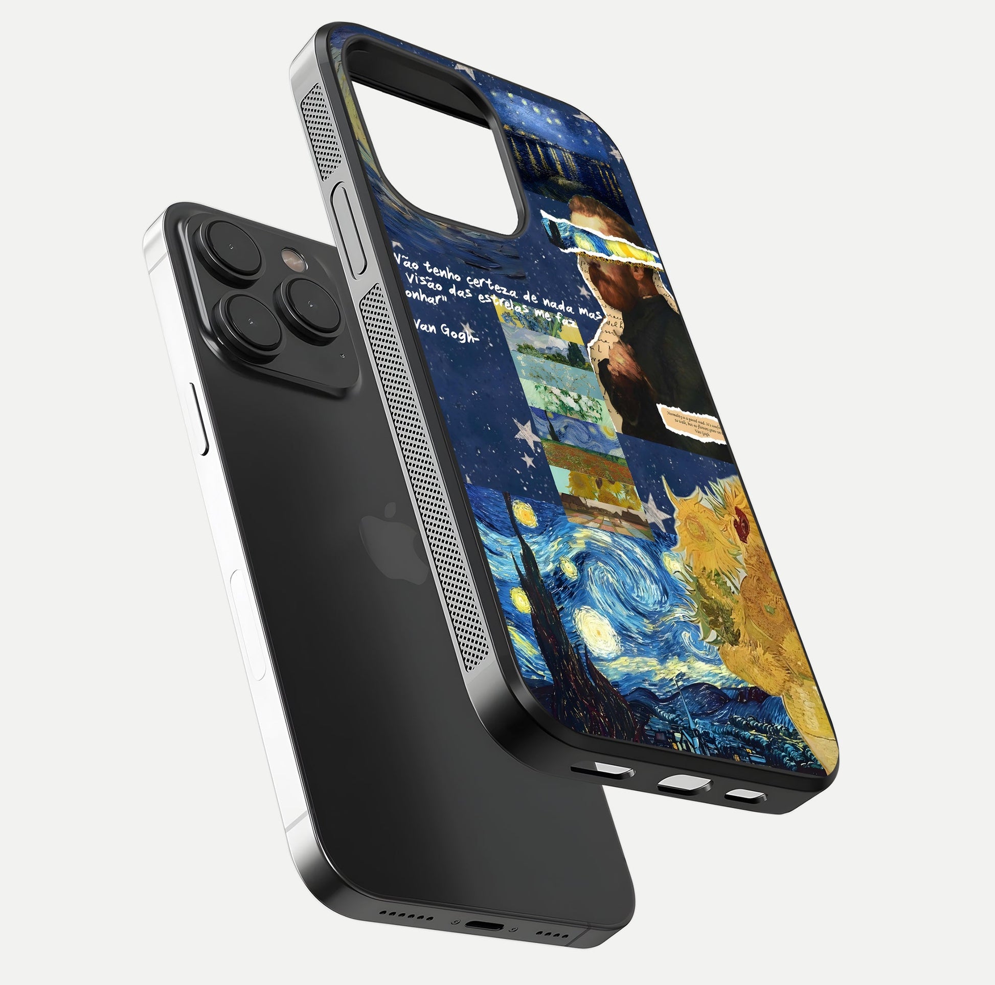 Starry Dream Vision Glass Case for iPhone 15 Pro floating dual-view mockup displaying gloss surface and clarity