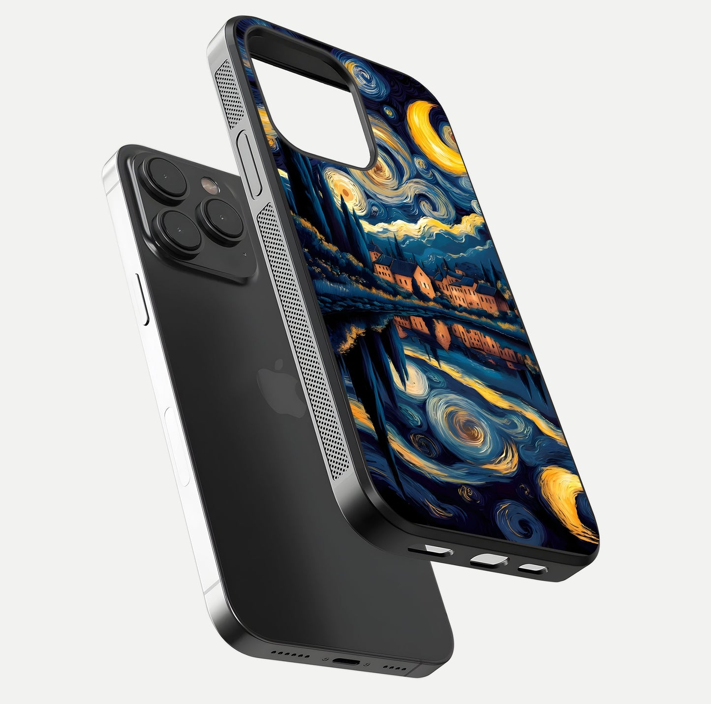 Starry Sky Serenity Glass Case for iPhone 15 Pro floating dual-view mockup displaying gloss texture and shine