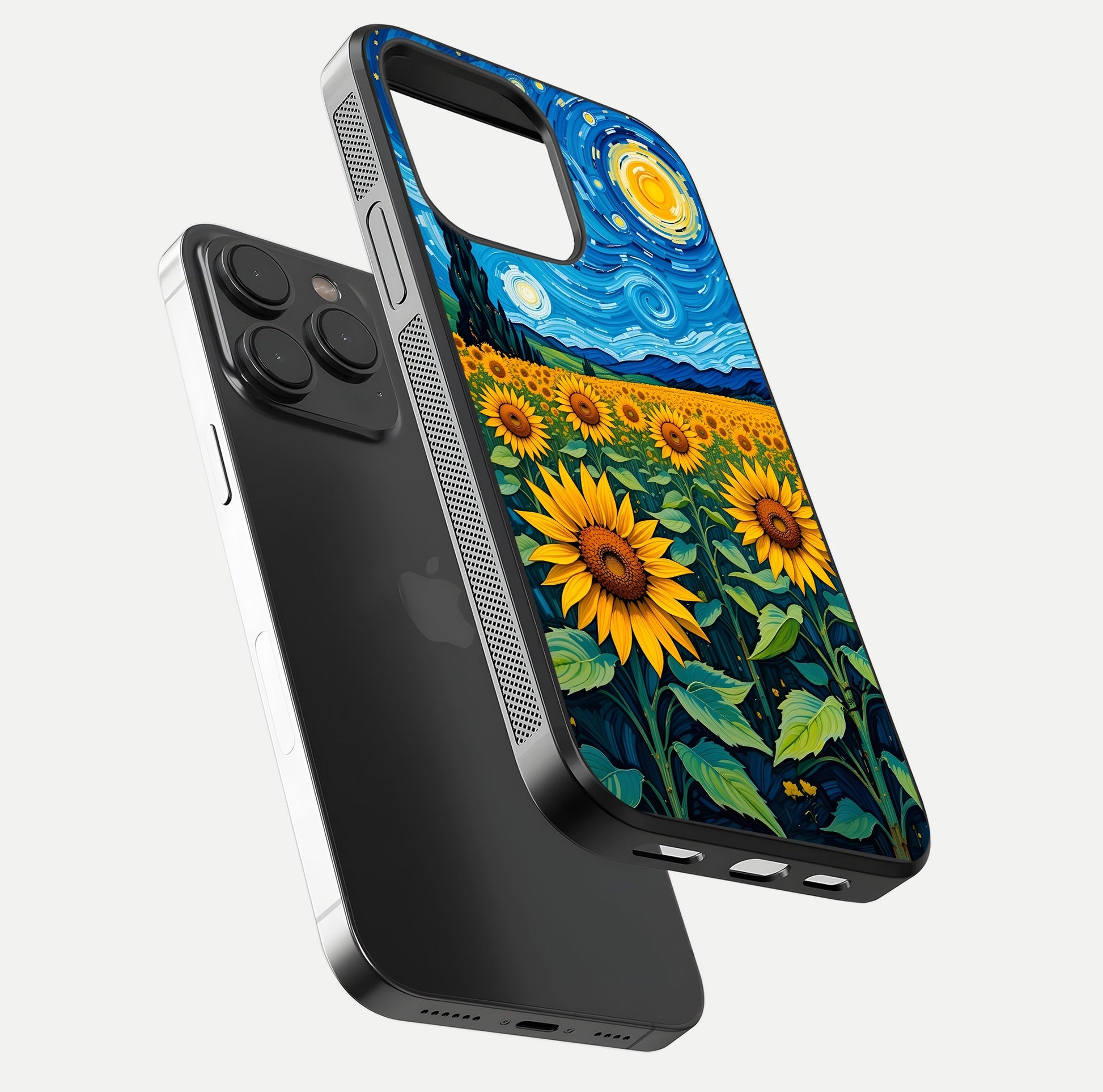 Starry Sunflower Dreams Glass Case for iPhone 15 Pro floating dual-view mockup displaying gloss and vivid print
