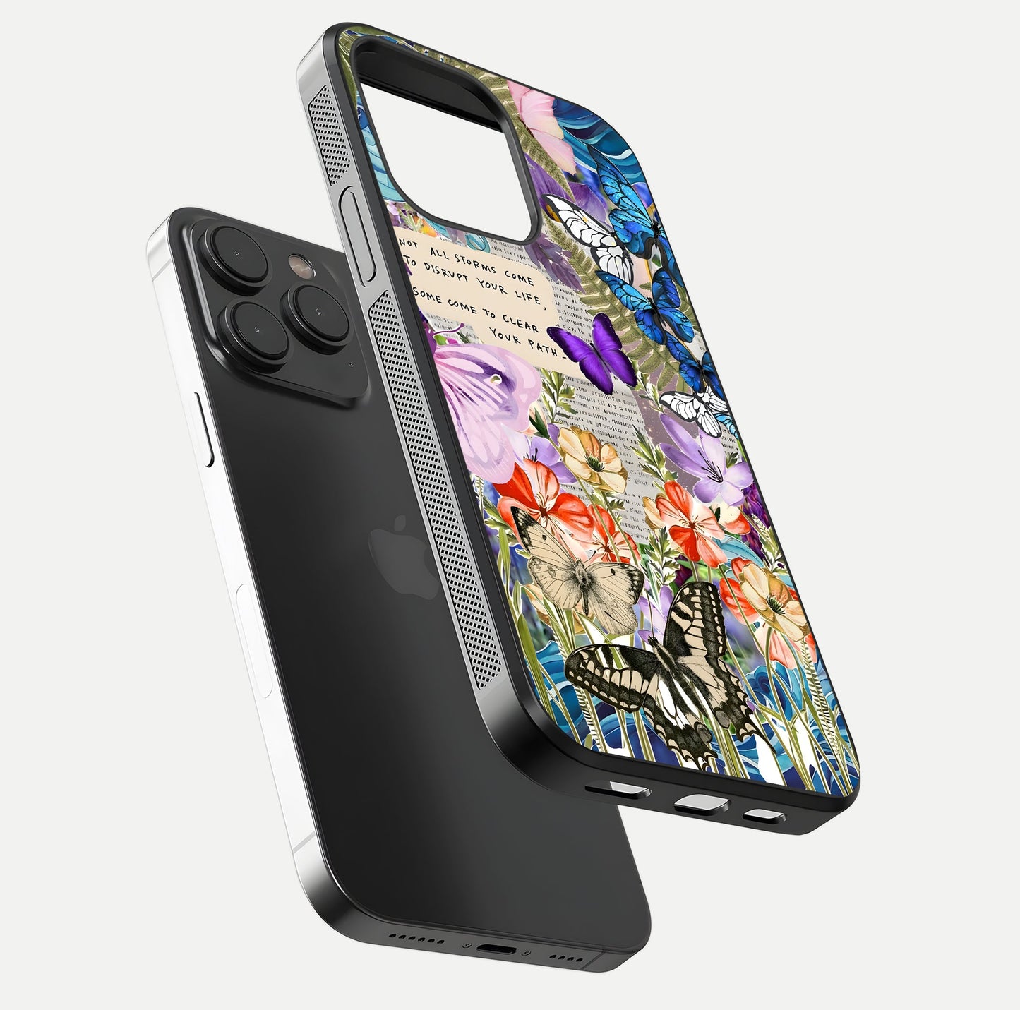 Storm Path Bloom Glass Case for iPhone 15 Pro floating dual-view mockup displaying gloss and pattern depth
