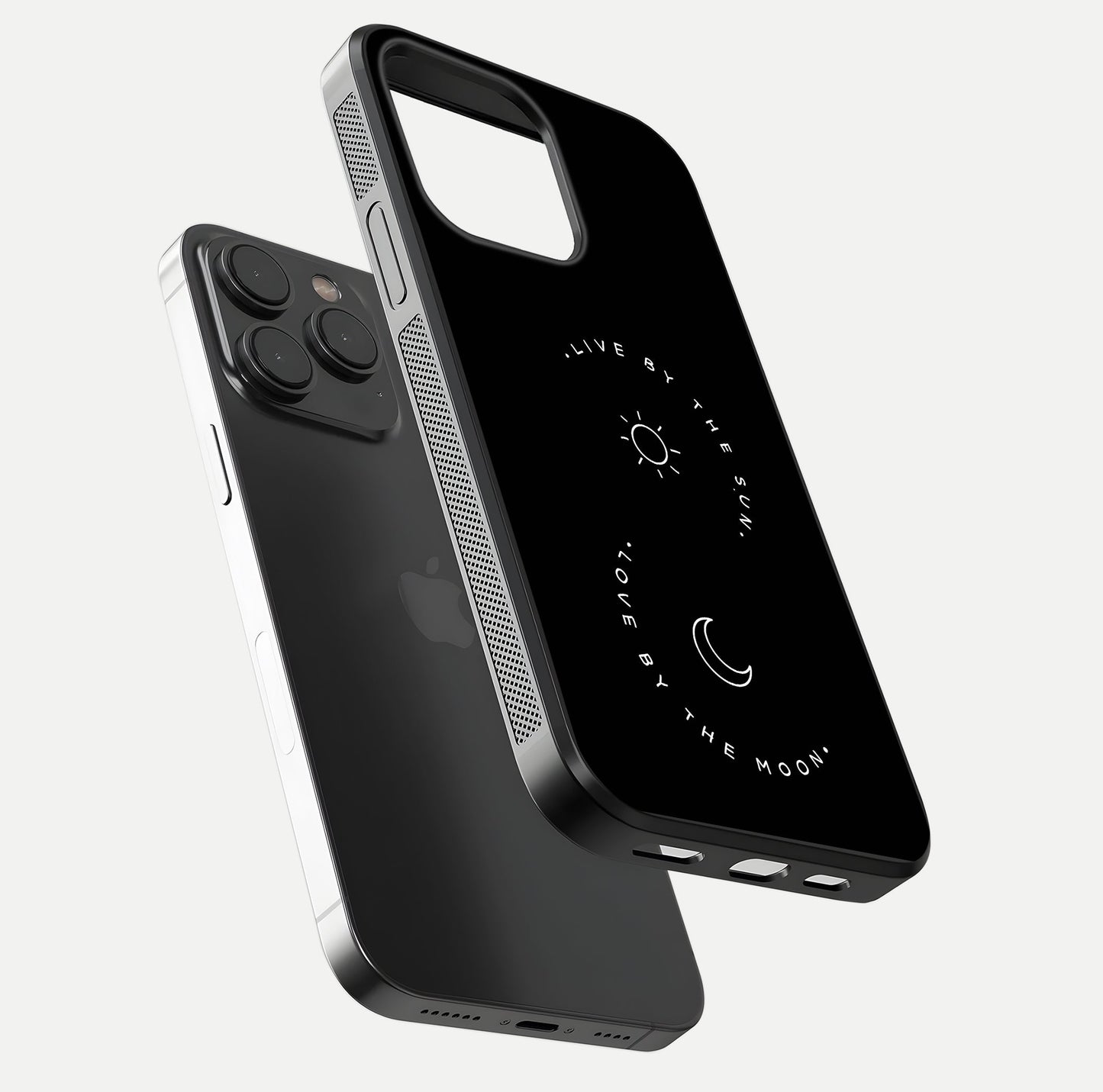Sun Moon Balance Glass Case for iPhone 15 Pro floating dual-view mockup displaying gloss surface and edge clarity