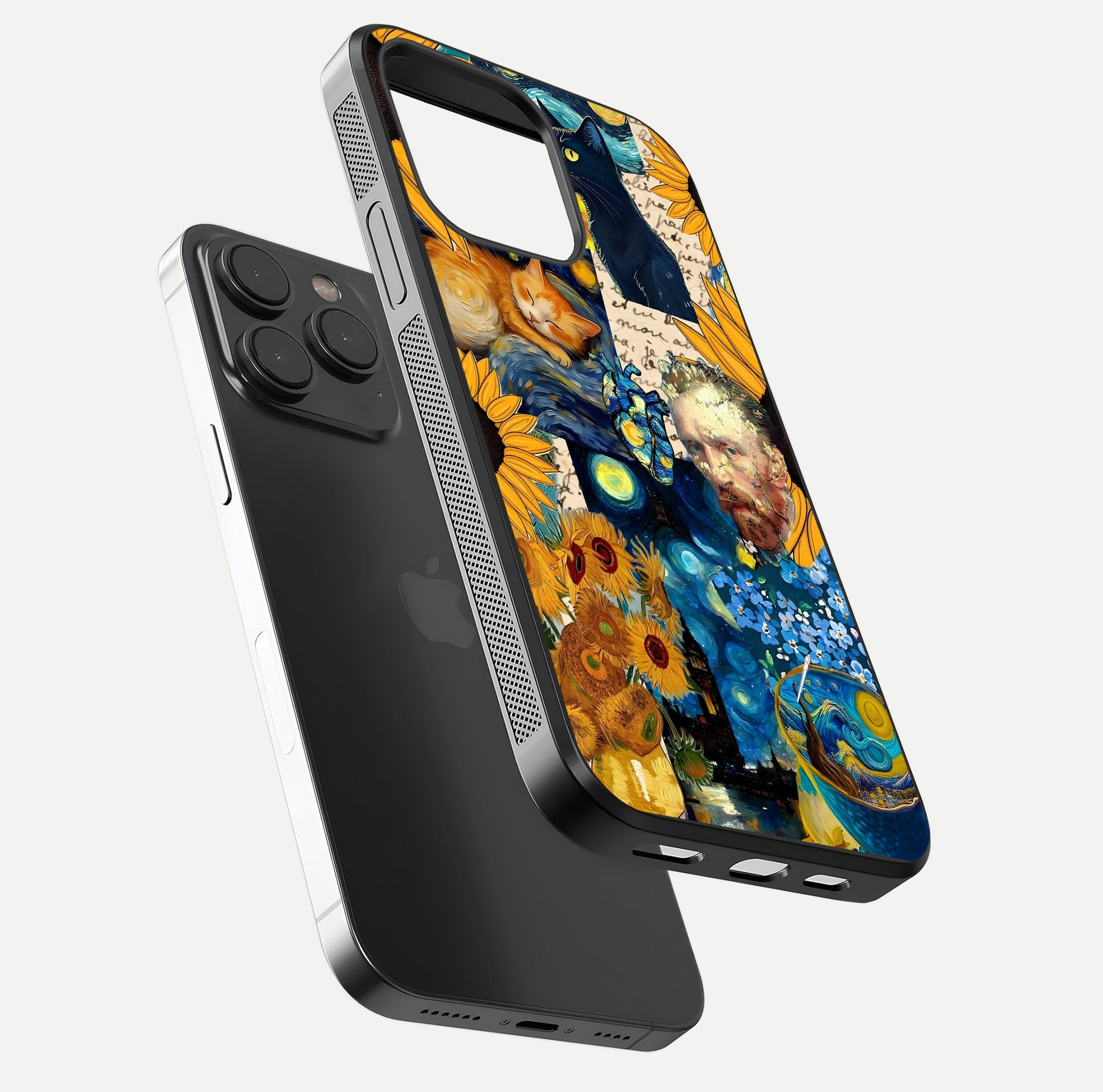 Sunflower Cat Art Glass Case for iPhone 15 Pro floating dual-view mockup displaying gloss shine and HD art print