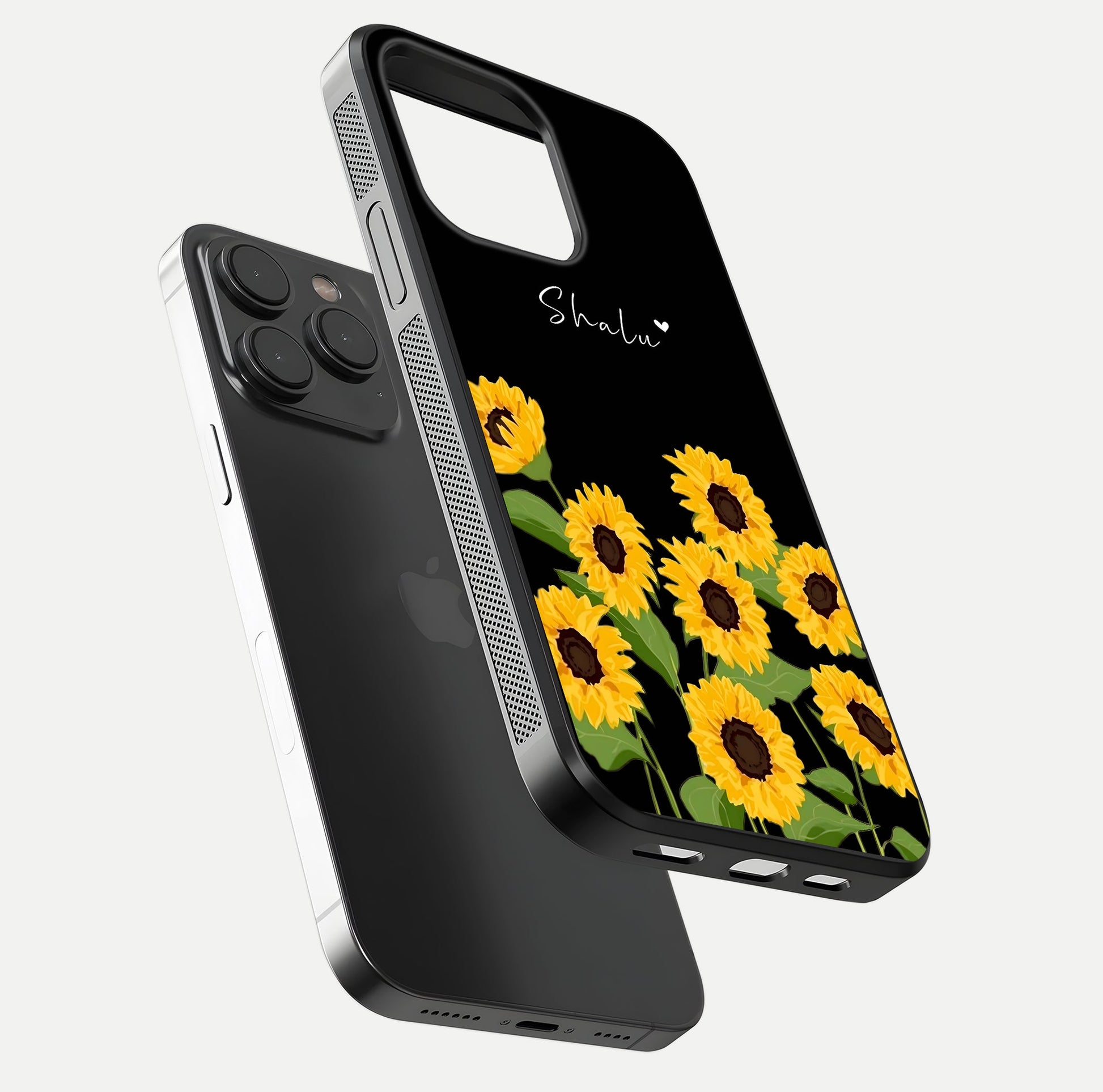 Sunflower Chic Mood Custom Name Glass Case for iPhone 15 Pro floating dual-view mockup displaying gloss texture and detail