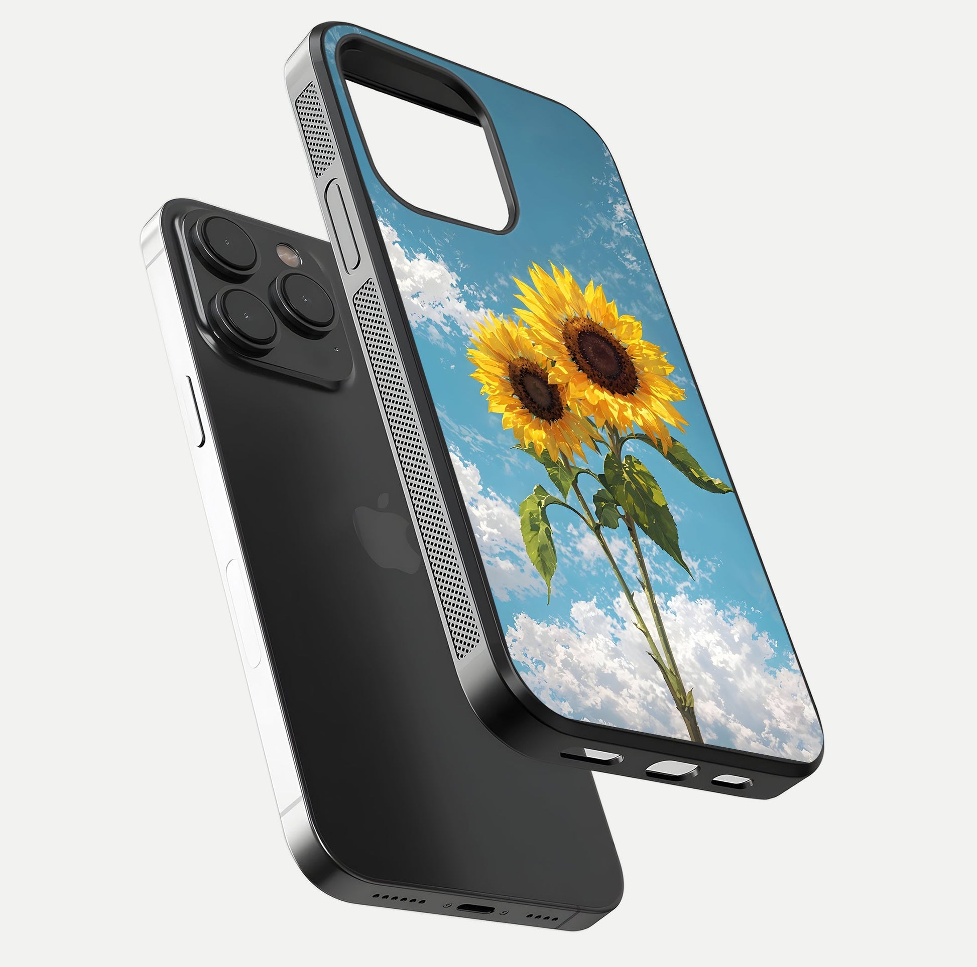 Sunflower Sky Bloom Glass Case for iPhone 15 Pro floating dual-view mockup displaying gloss shine and vibrant texture