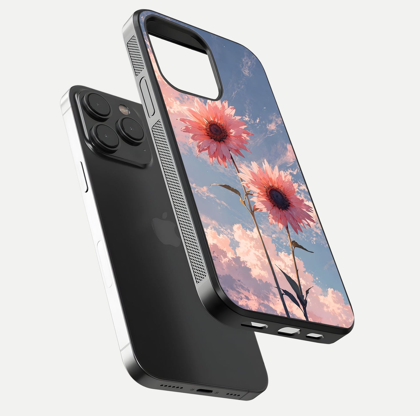 Sunlit Daisy Glow Glass Case for iPhone 15 Pro floating dual-view mockup displaying gloss finish and HD print