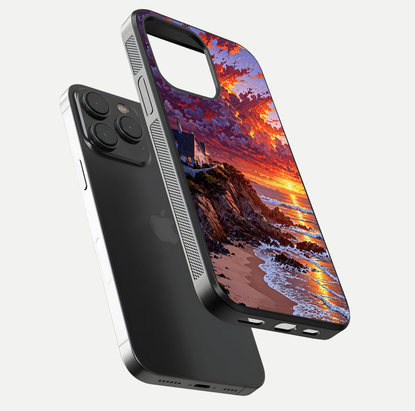 Sunset House by Sea Glass Case for iPhone 15 Pro floating dual-view mockup displaying gloss shine and depth