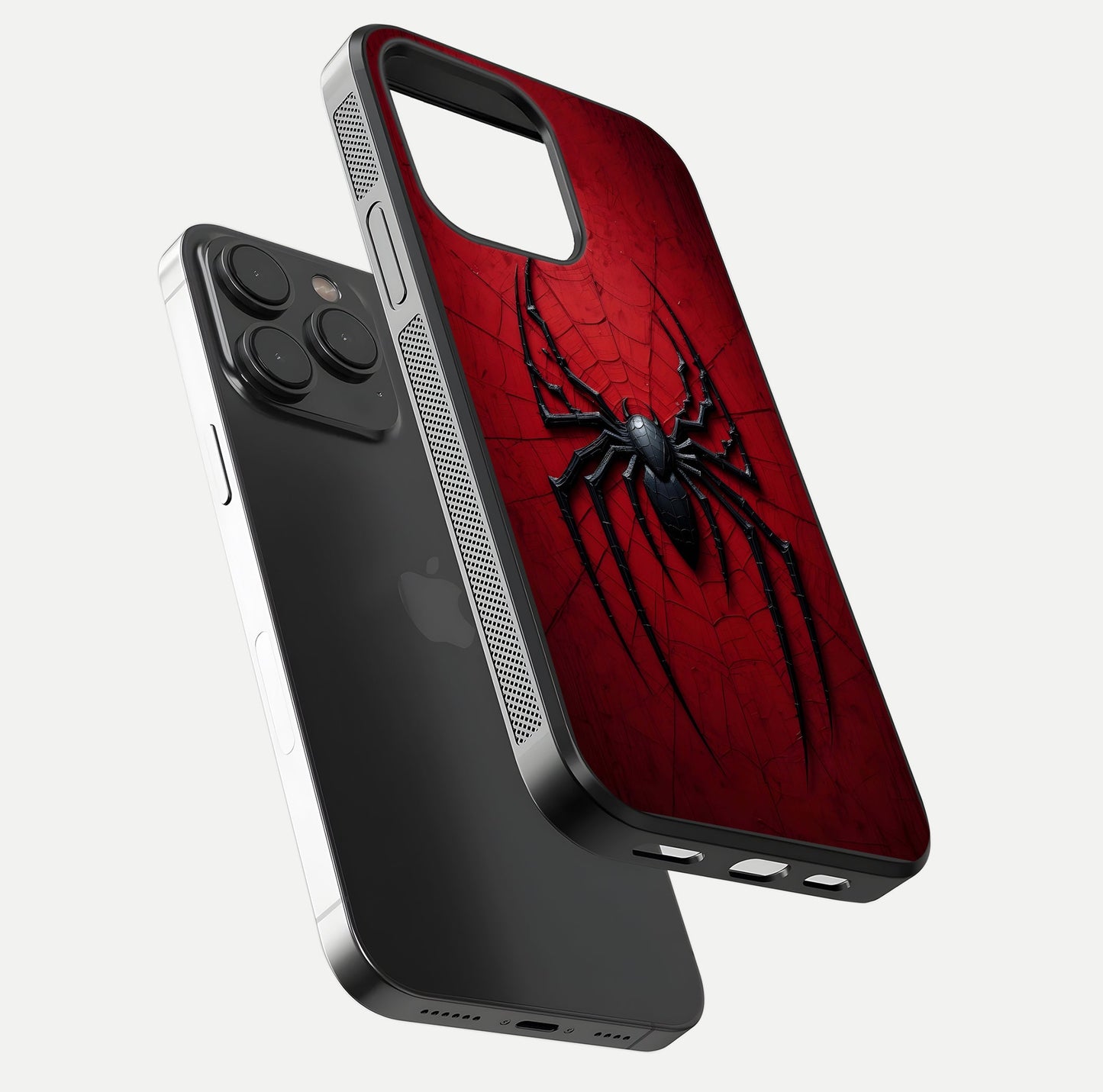 Venom Web Emblem Glass Case for iPhone 15 Pro floating dual-view mockup displaying gloss shine and HD print