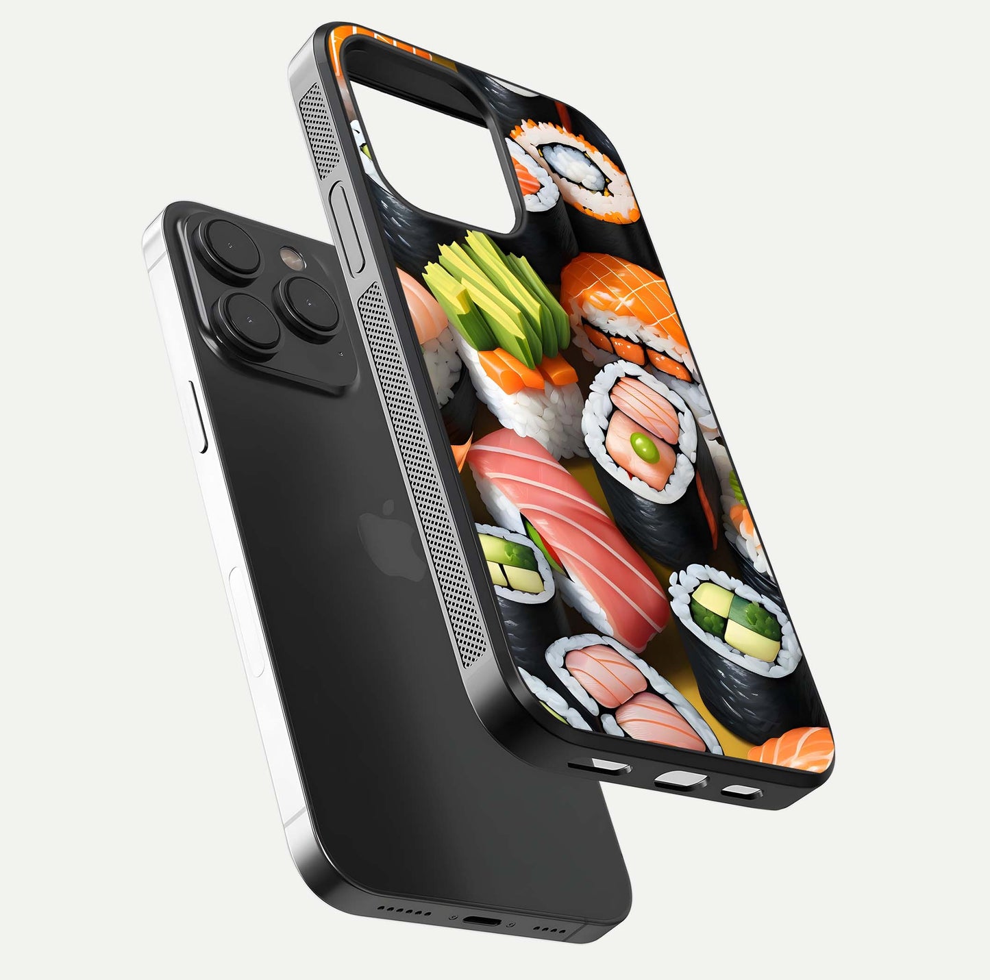 Sushi Food Pattern Glass Case for iPhone 15 Pro floating dual-view mockup displaying gloss and HD pattern