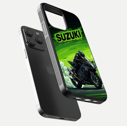 Suzuki Speed Beast Glass Case for iPhone 15 Pro floating dual-view mockup displaying gloss texture and shine