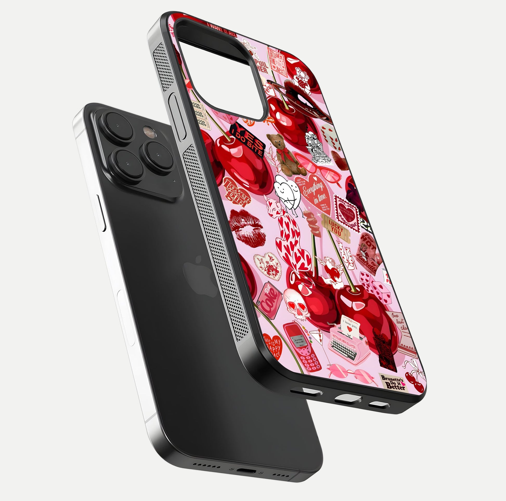 Sweet Cherry Chaos Glass Case for iPhone 15 Pro floating dual-view mockup displaying gloss surface and depth