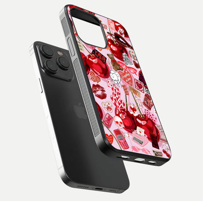 Sweet Cherry Chaos Glass Case for iPhone 15 Pro floating dual-view mockup displaying gloss surface and depth