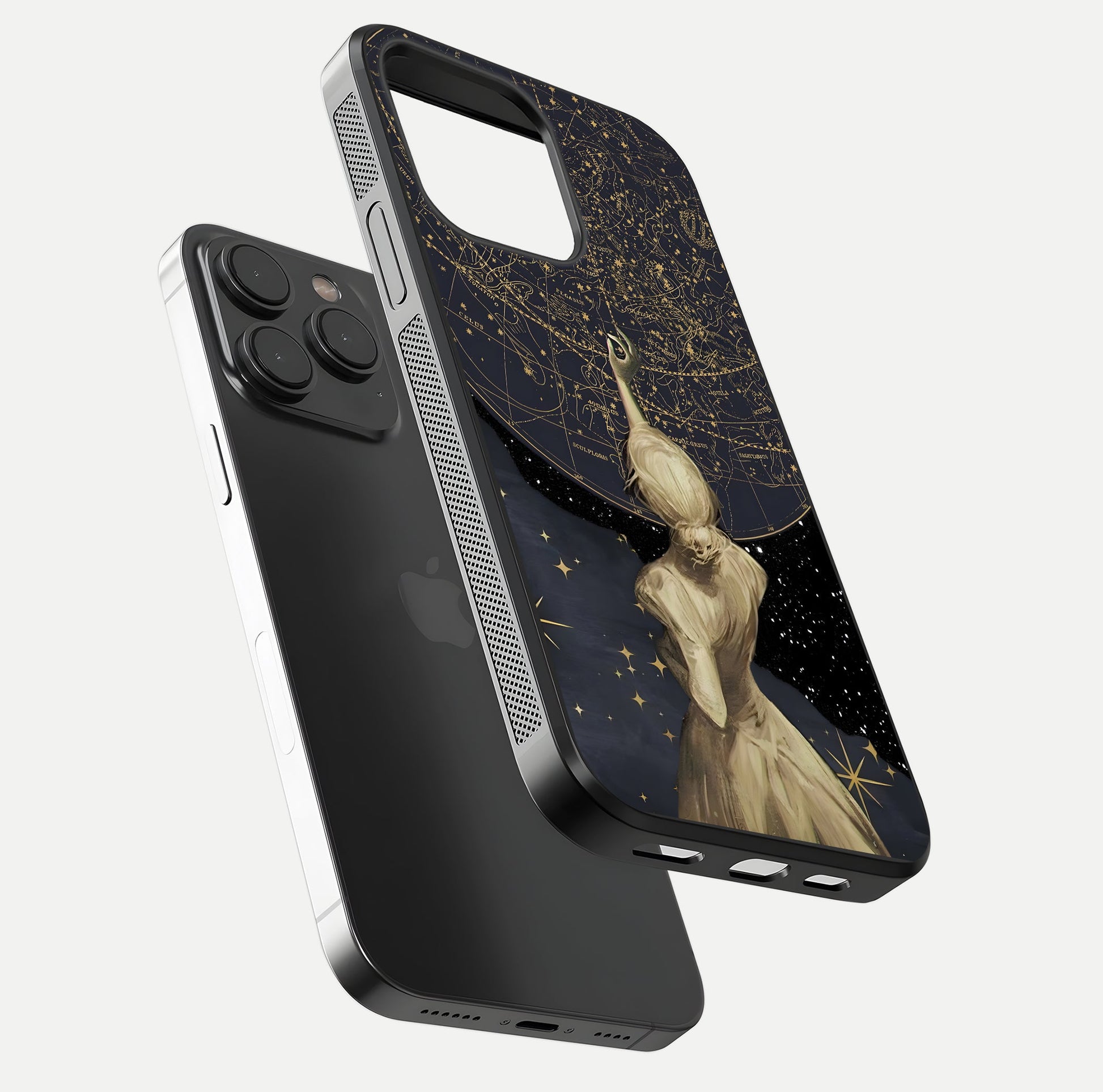 Taylor Swift Girl Glass Case for iPhone 15 Pro floating dual-view mockup displaying gloss and stylish artwork