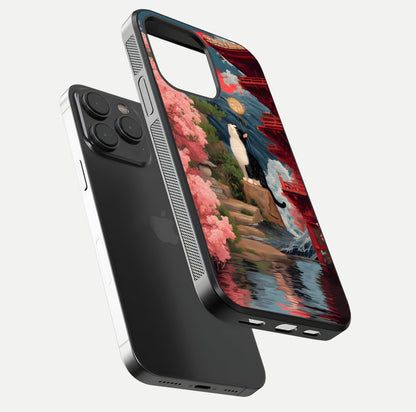 Temple Cat Scenery Glass Case for iPhone 15 Pro floating dual-view mockup displaying gloss and depth detail