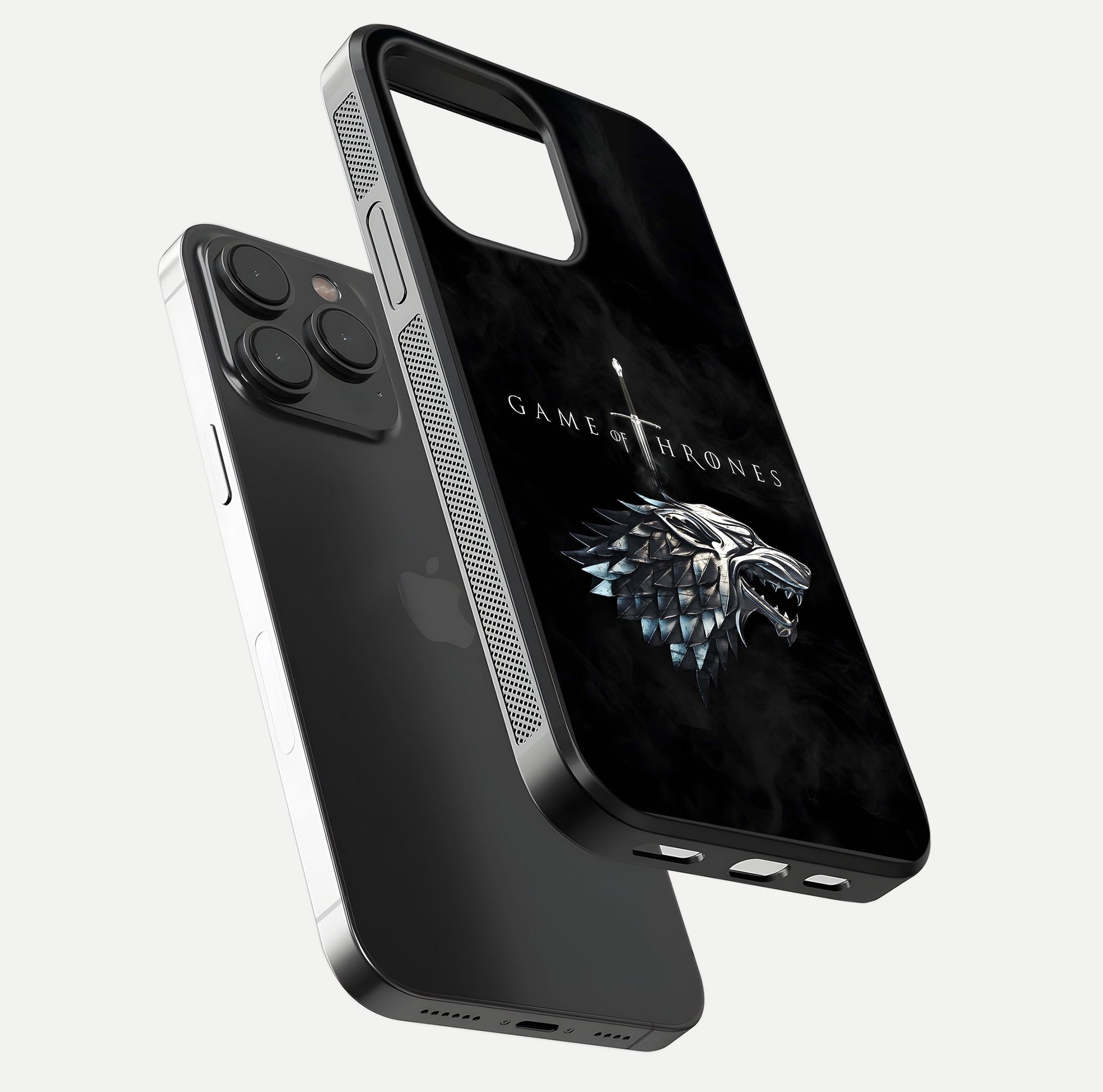 Throne Wolf Legacy Glass Case for iPhone 15 Pro floating dual-view mockup displaying gloss depth and wolf artwork