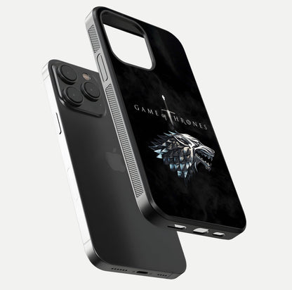 Throne Wolf Legacy Glass Case for iPhone 15 Pro floating dual-view mockup displaying gloss depth and wolf artwork
