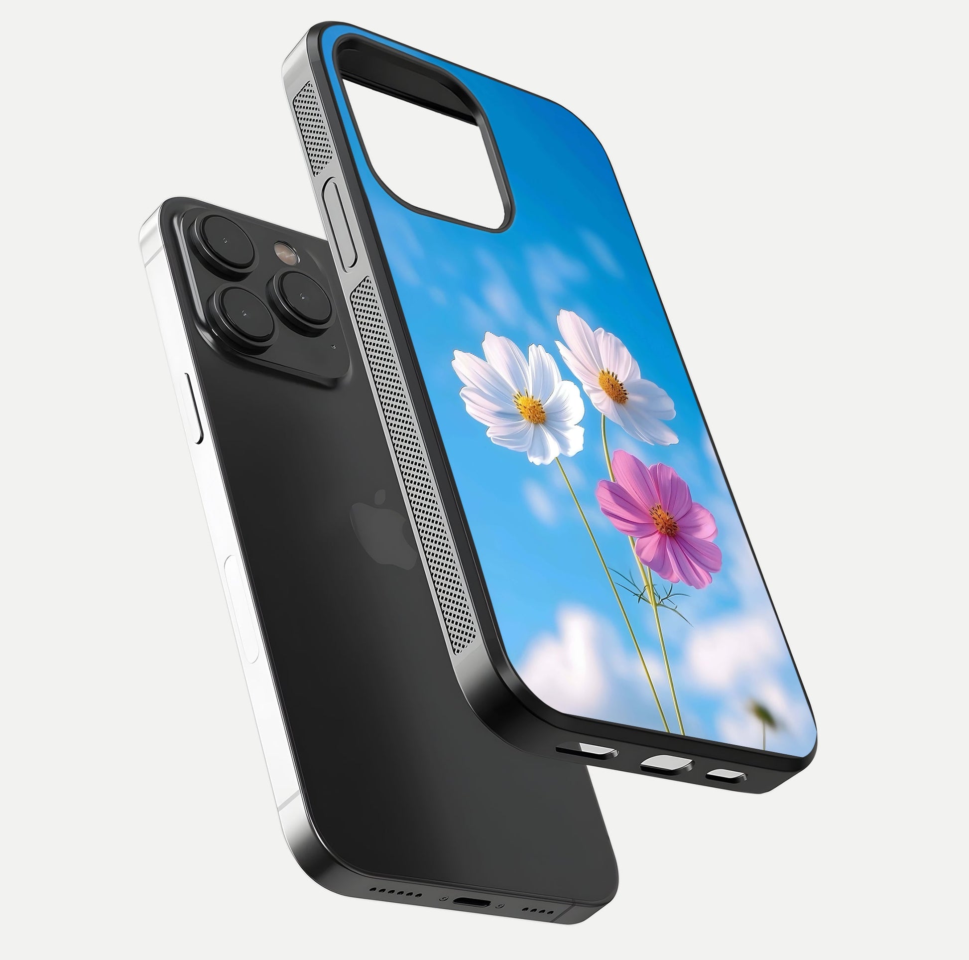 Triple Flowers With Sky Glass Case for iPhone 15 Pro floating dual-view mockup displaying gloss and soft hues