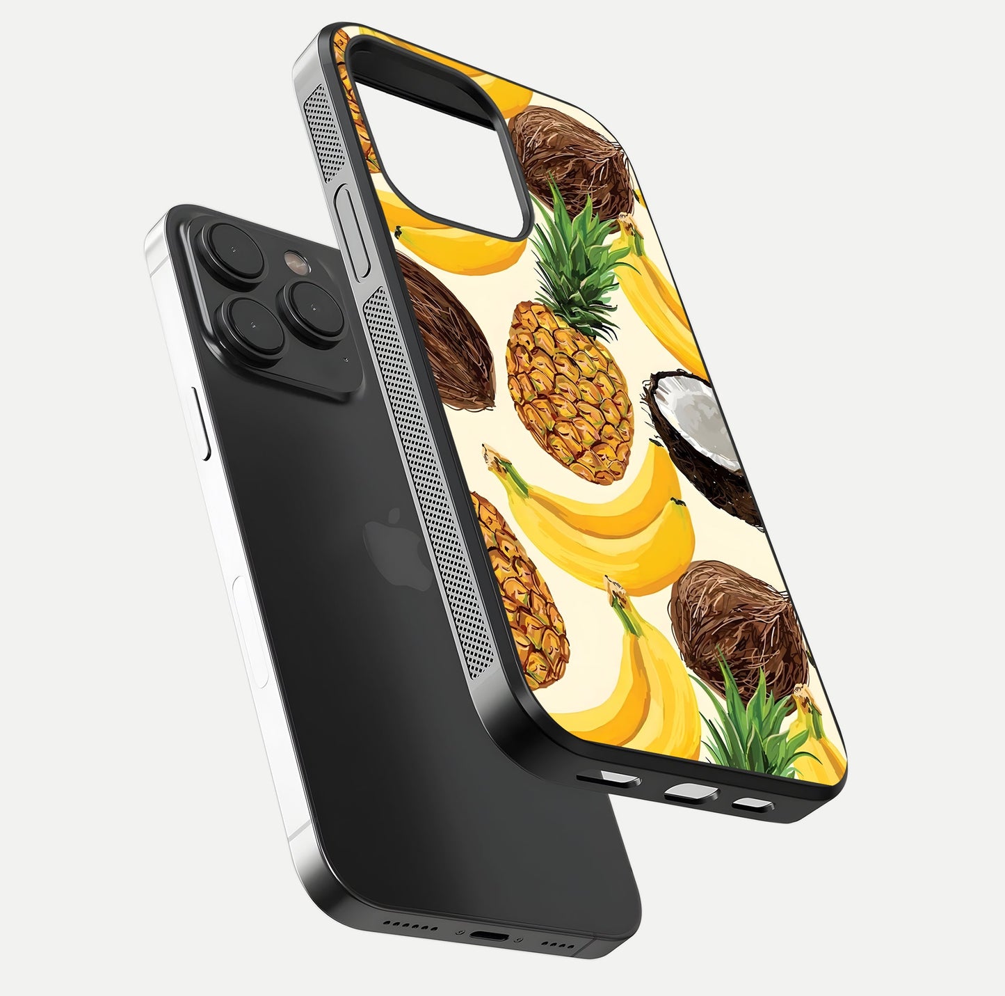 Tropical Fruit Mood Glass Case for iPhone 15 Pro floating dual-view mockup displaying gloss and vibrant colors