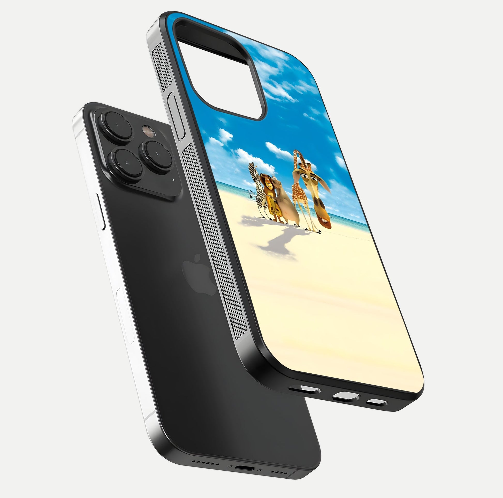 Tropical Fun Squad Glass Case for iPhone 15 Pro floating dual-view mockup displaying gloss reflection and contrast