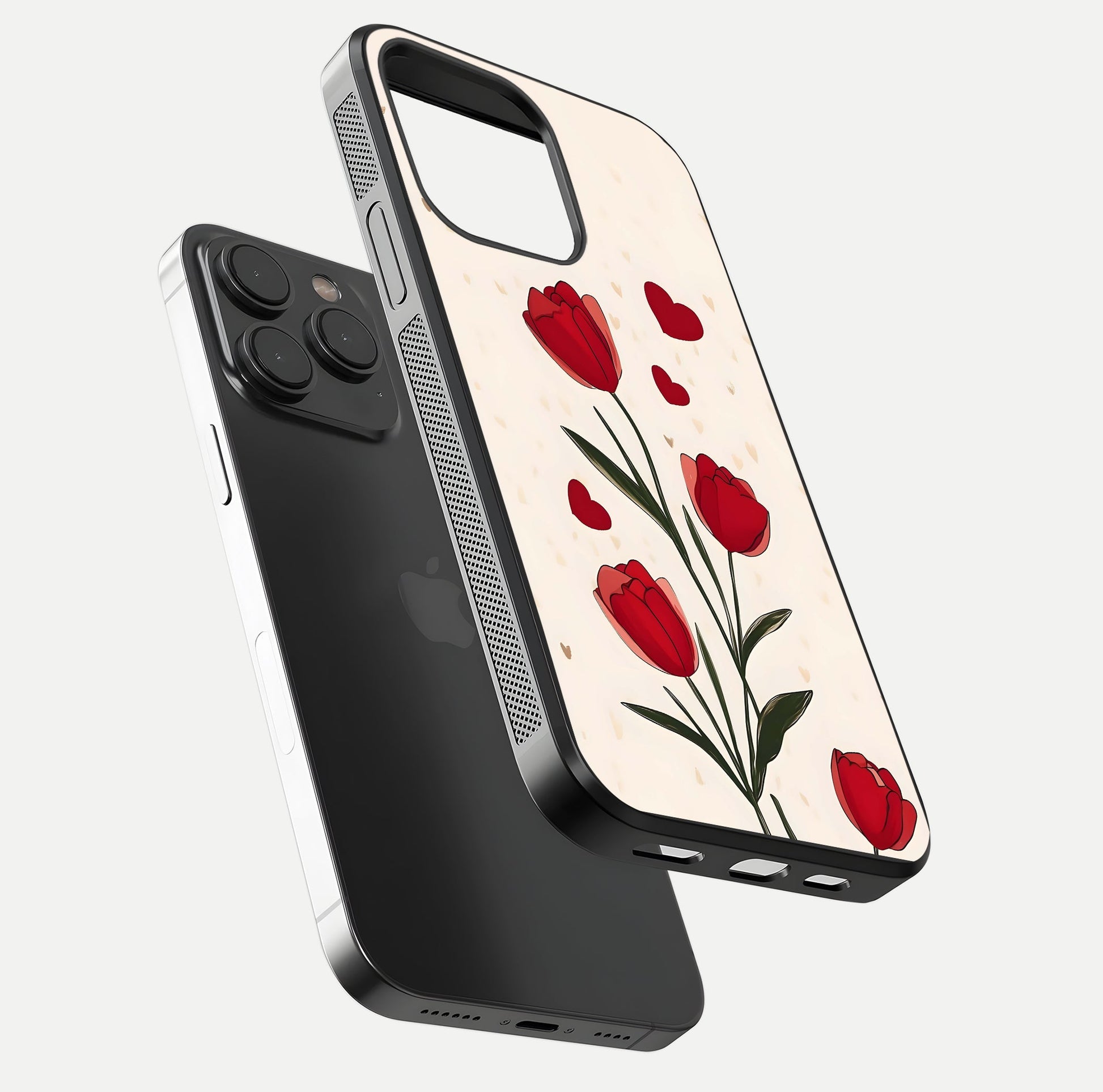 Tulip With Heart Glass Case for iPhone 15 Pro floating dual-view mockup displaying gloss texture and shine