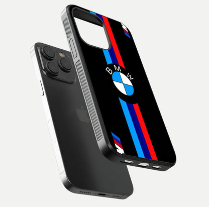 Turbo BMW Beast Glass Case for iPhone 15 Pro floating dual-view mockup displaying gloss texture and vivid print