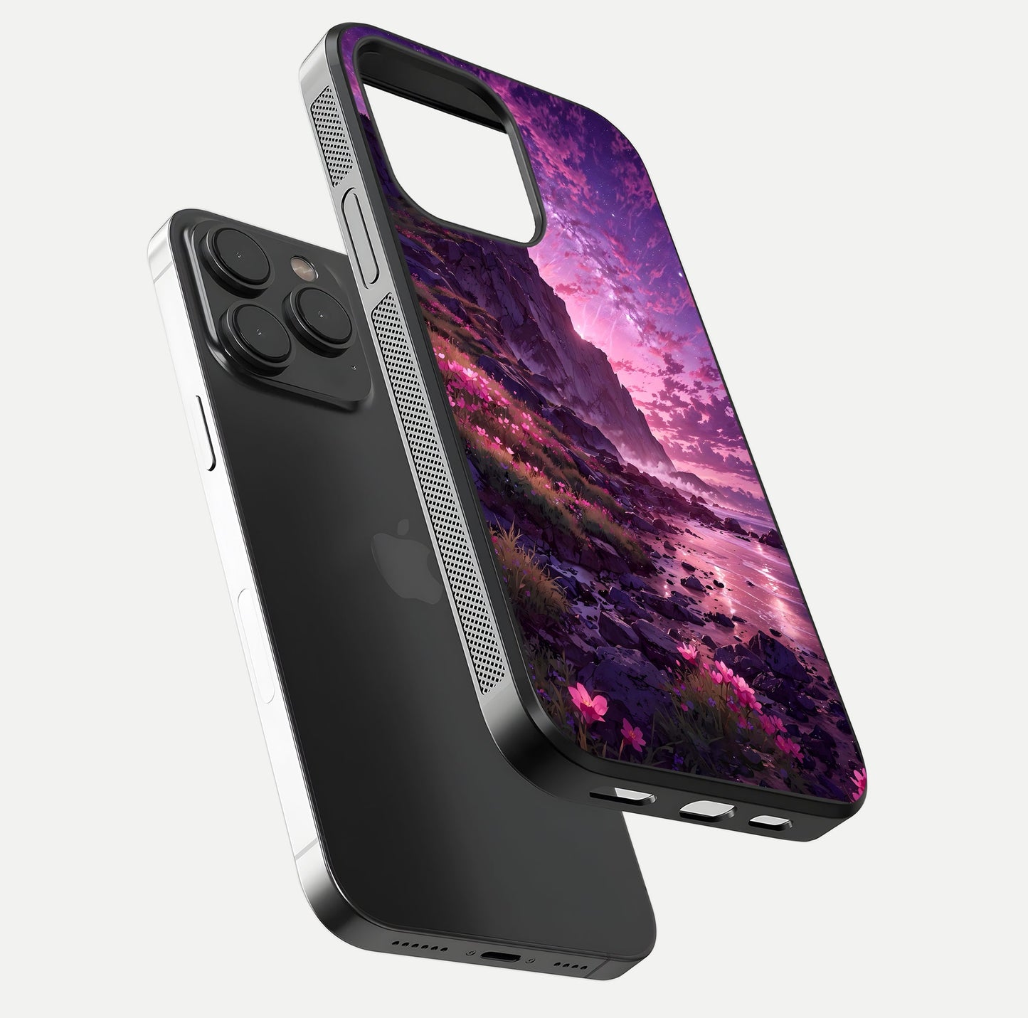 Twilight Blossom Coast Glass Case for iPhone 15 Pro floating dual-view mockup displaying gloss surface and detail