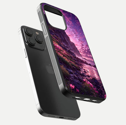 Twilight Blossom Coast Glass Case for iPhone 15 Pro floating dual-view mockup displaying gloss surface and detail