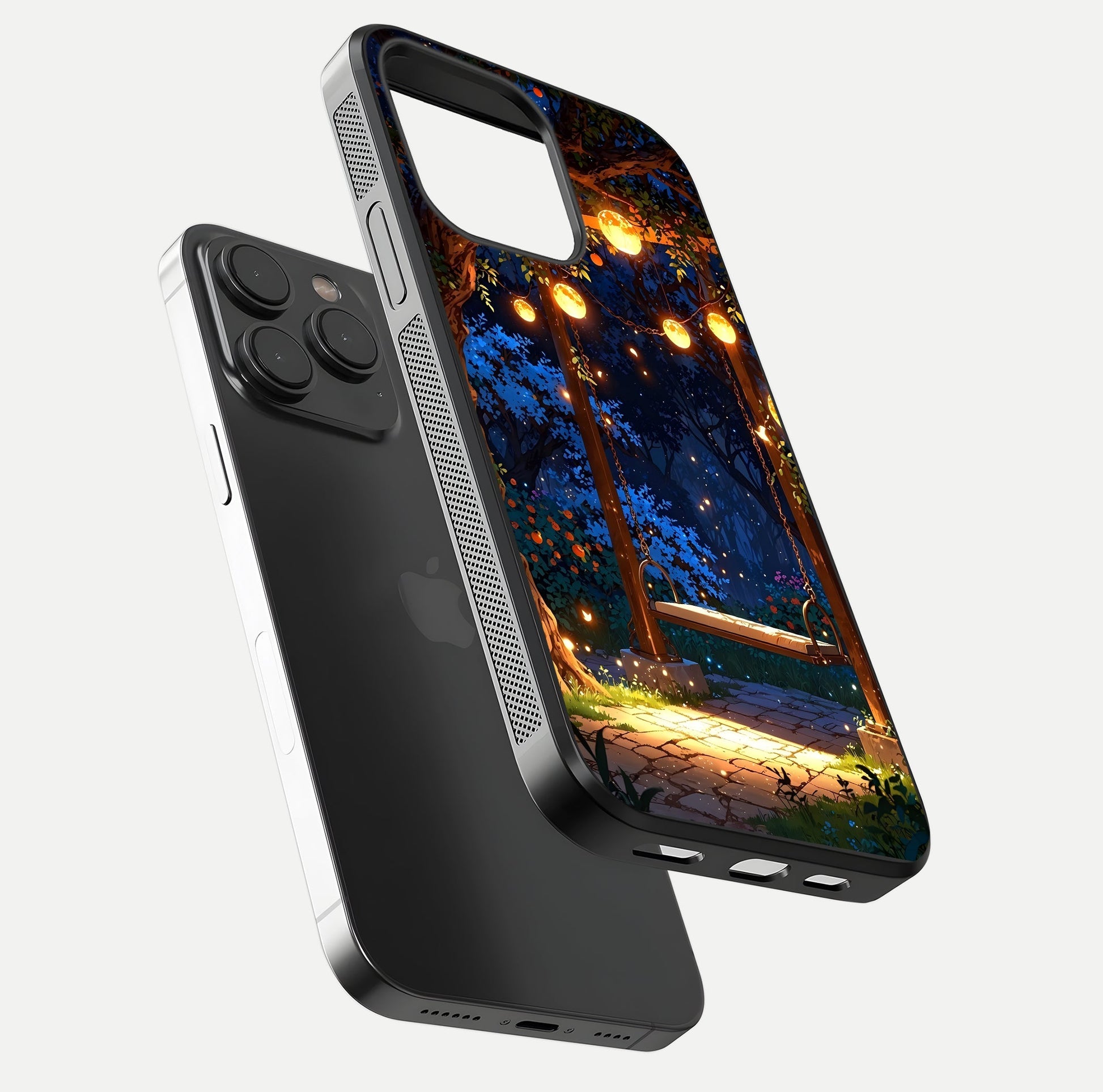 Twilight Garden Swing Glass Case for iPhone 15 Pro floating dual-view mockup displaying gloss and tone balance