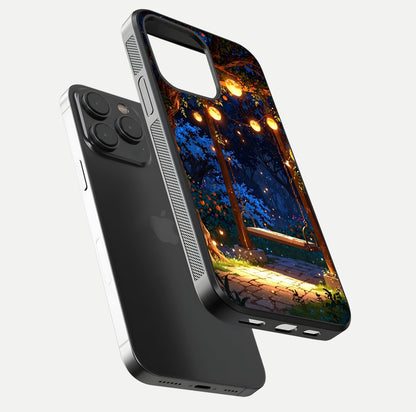 Twilight Garden Swing Glass Case for iPhone 15 Pro floating dual-view mockup displaying gloss and tone balance