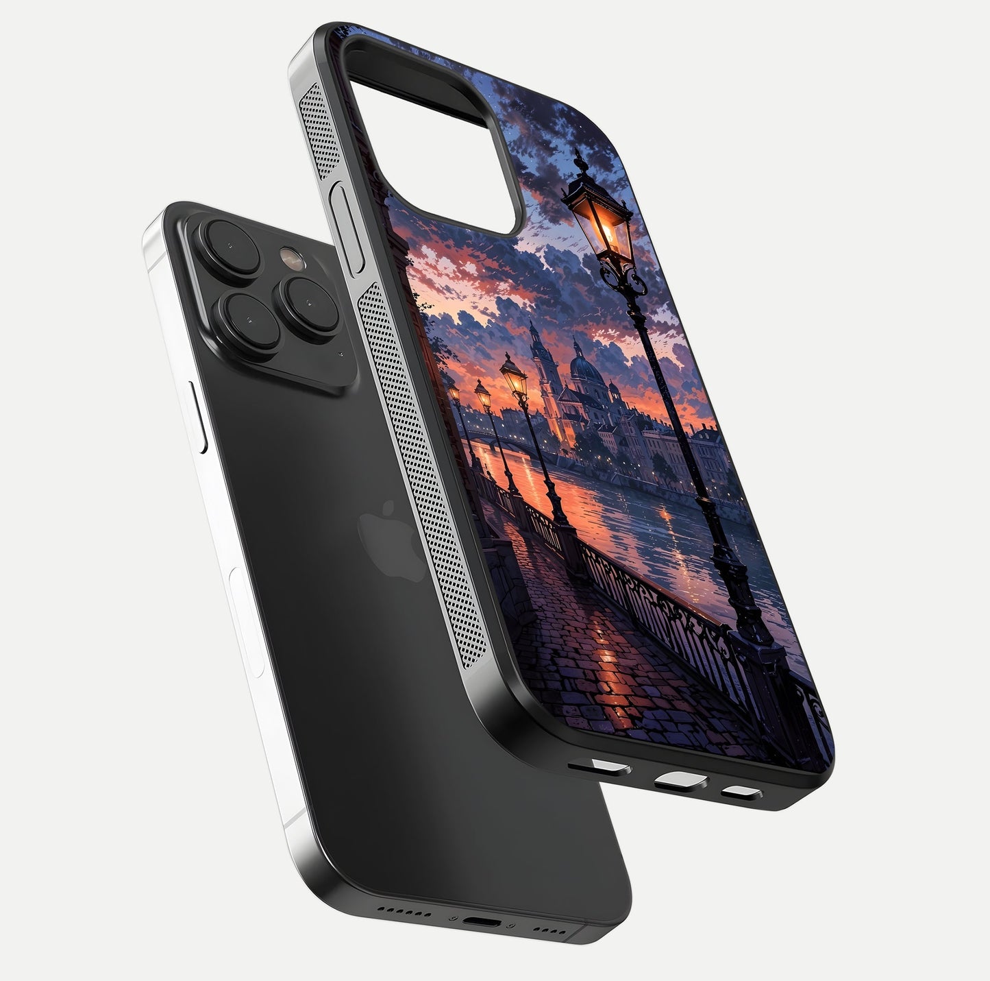 Twilight River Lights Glass Case for iPhone 15 Pro floating dual-view mockup displaying gloss shine and vivid details