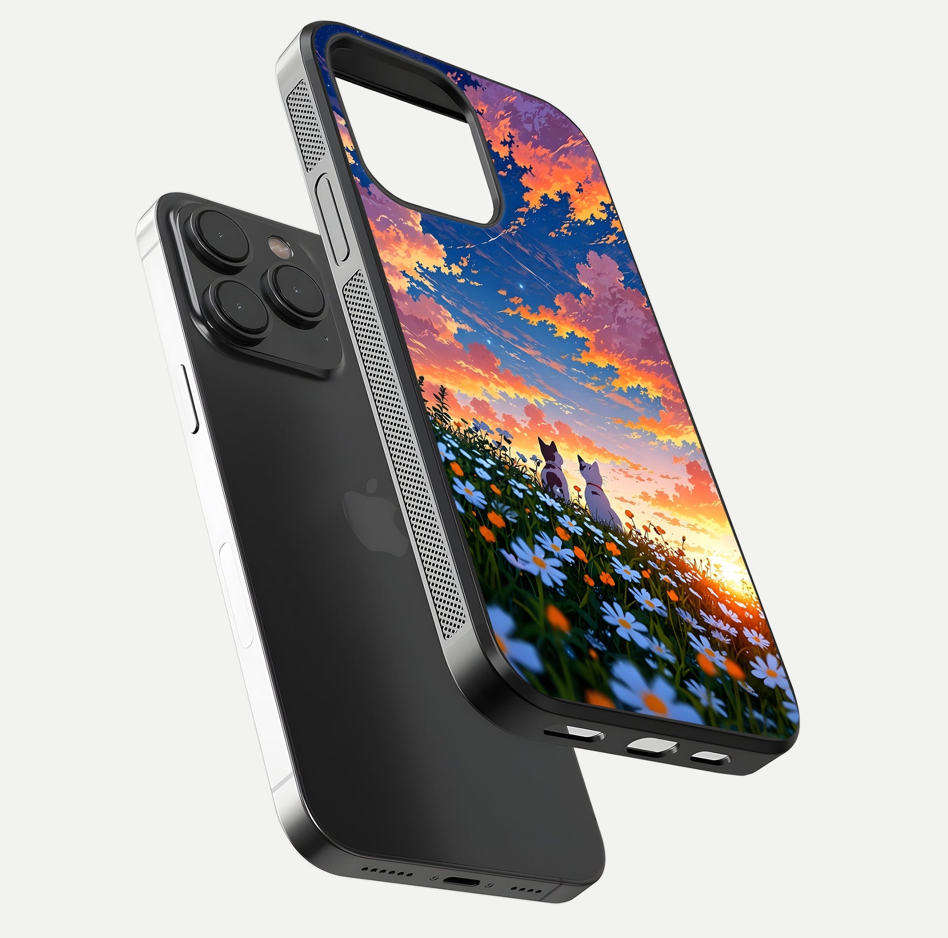 Two Cats Friends Glass Case for iPhone 15 Pro floating dual-view mockup displaying gloss surface and HD print