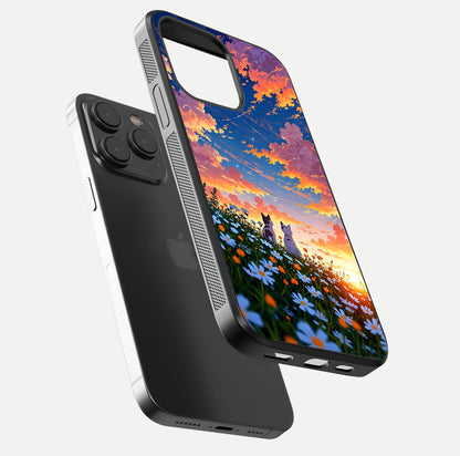 Two Cats Friends Glass Case for iPhone 15 Pro floating dual-view mockup displaying gloss surface and HD print