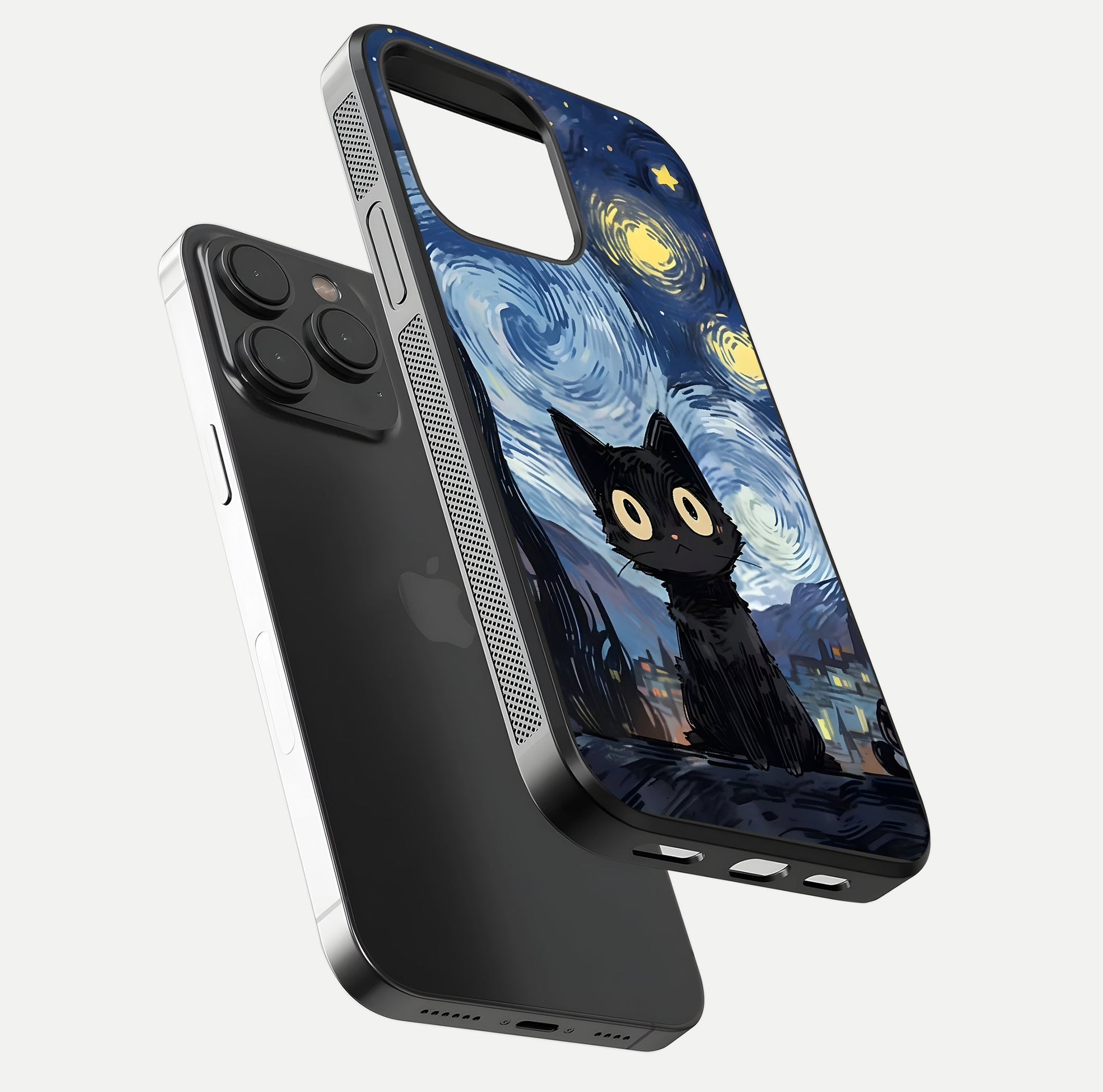 Van Gogh Cat Glass Case for iPhone 15 Pro floating dual-view mockup displaying gloss shine and artistic texture