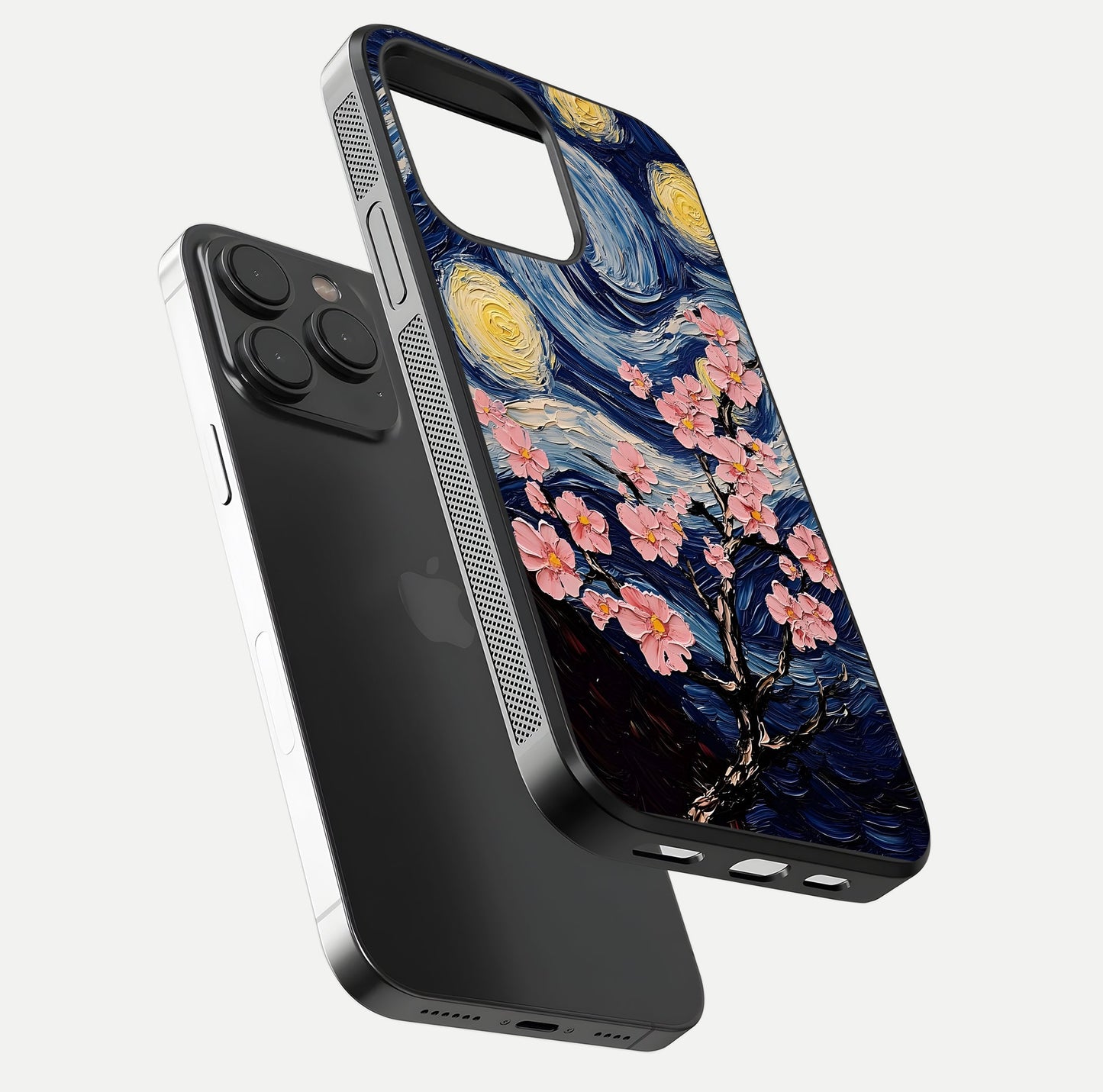 Van Gogh Scenery Glass Case for iPhone 15 Pro floating dual-view mockup displaying gloss reflection and HD quality