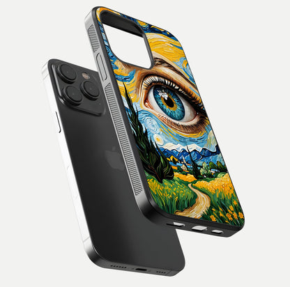 Van Gogh Eye Glass Case for iPhone 15 Pro floating dual-view mockup displaying gloss texture and depth