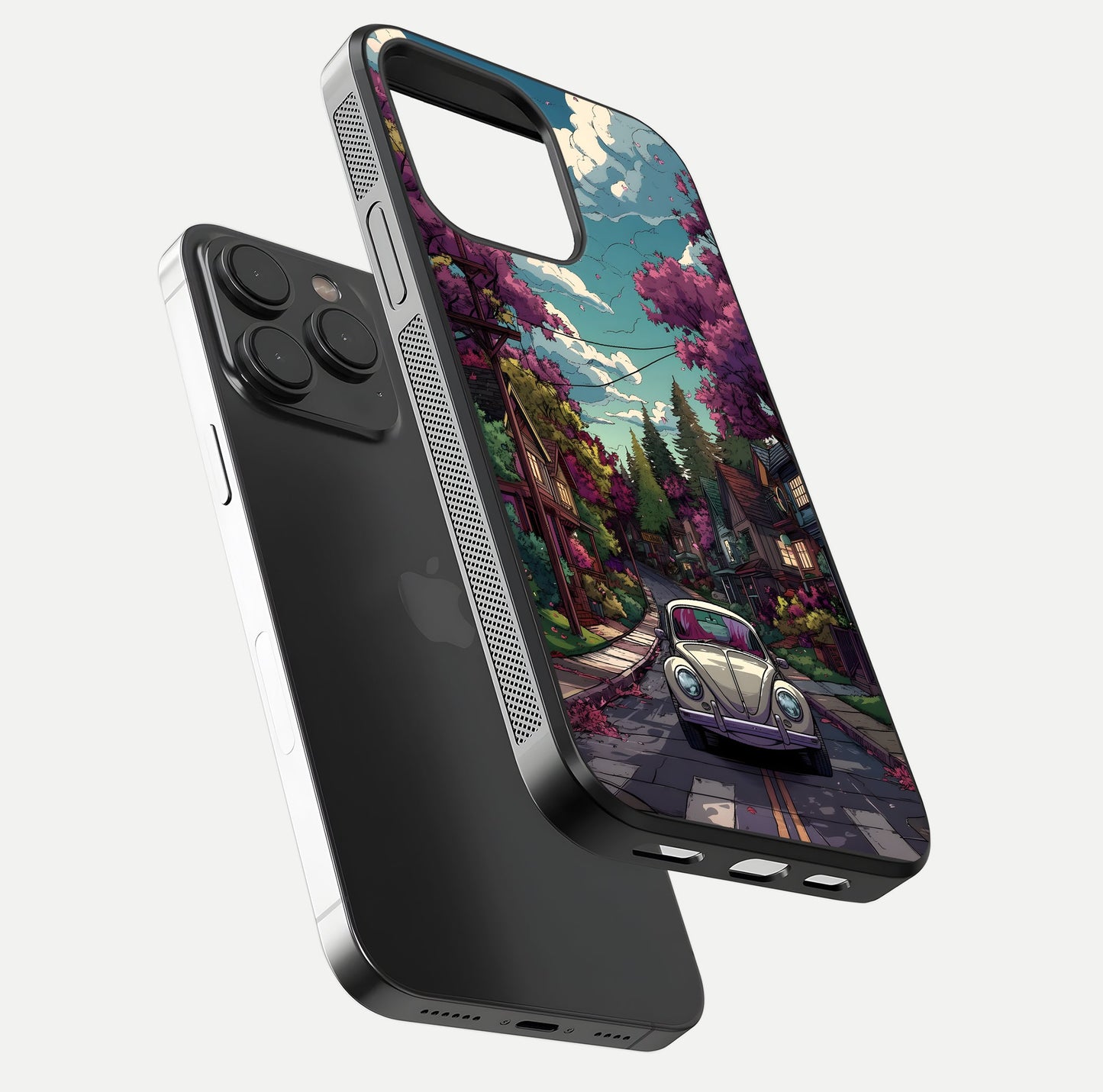 Vintage Street Drive Glass Case for iPhone 15 Pro floating dual-view mockup displaying gloss shine and texture