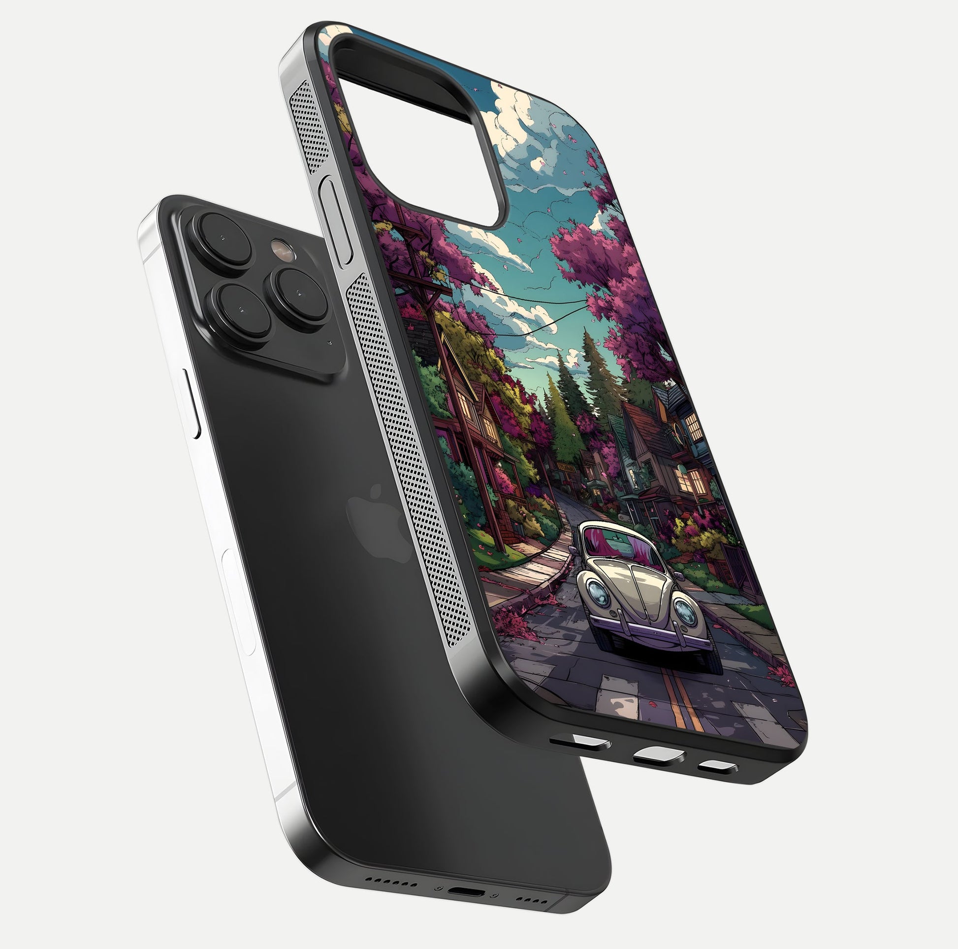 Vintage Street Drive Glass Case for iPhone 15 Pro floating dual-view mockup displaying gloss shine and texture