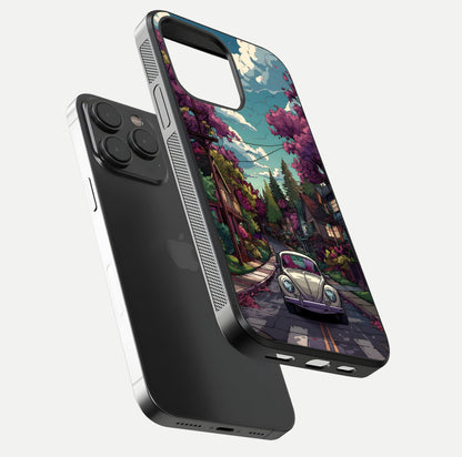 Vintage Street Drive Glass Case for iPhone 15 Pro floating dual-view mockup displaying gloss shine and texture