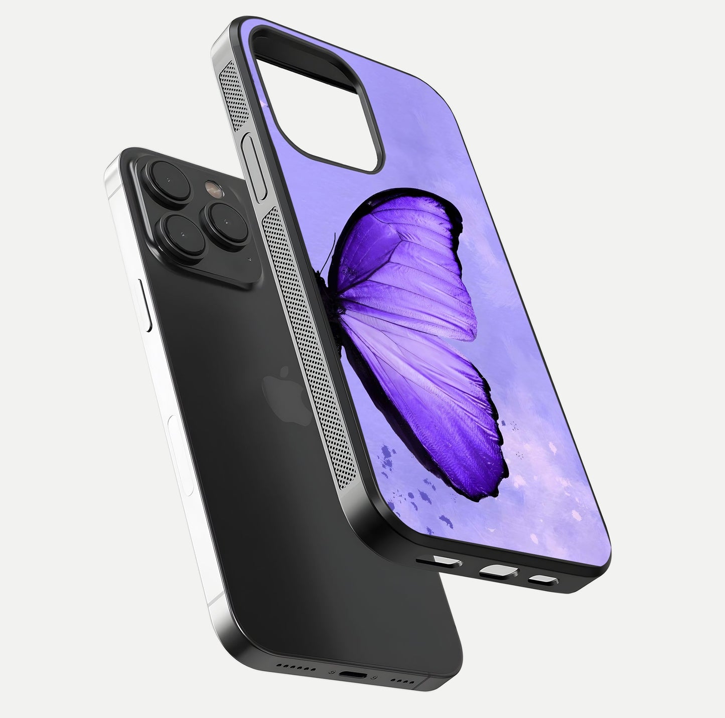 Violet Dream Wing Glass Case for iPhone 15 Pro floating dual-view mockup displaying gloss depth and clarity