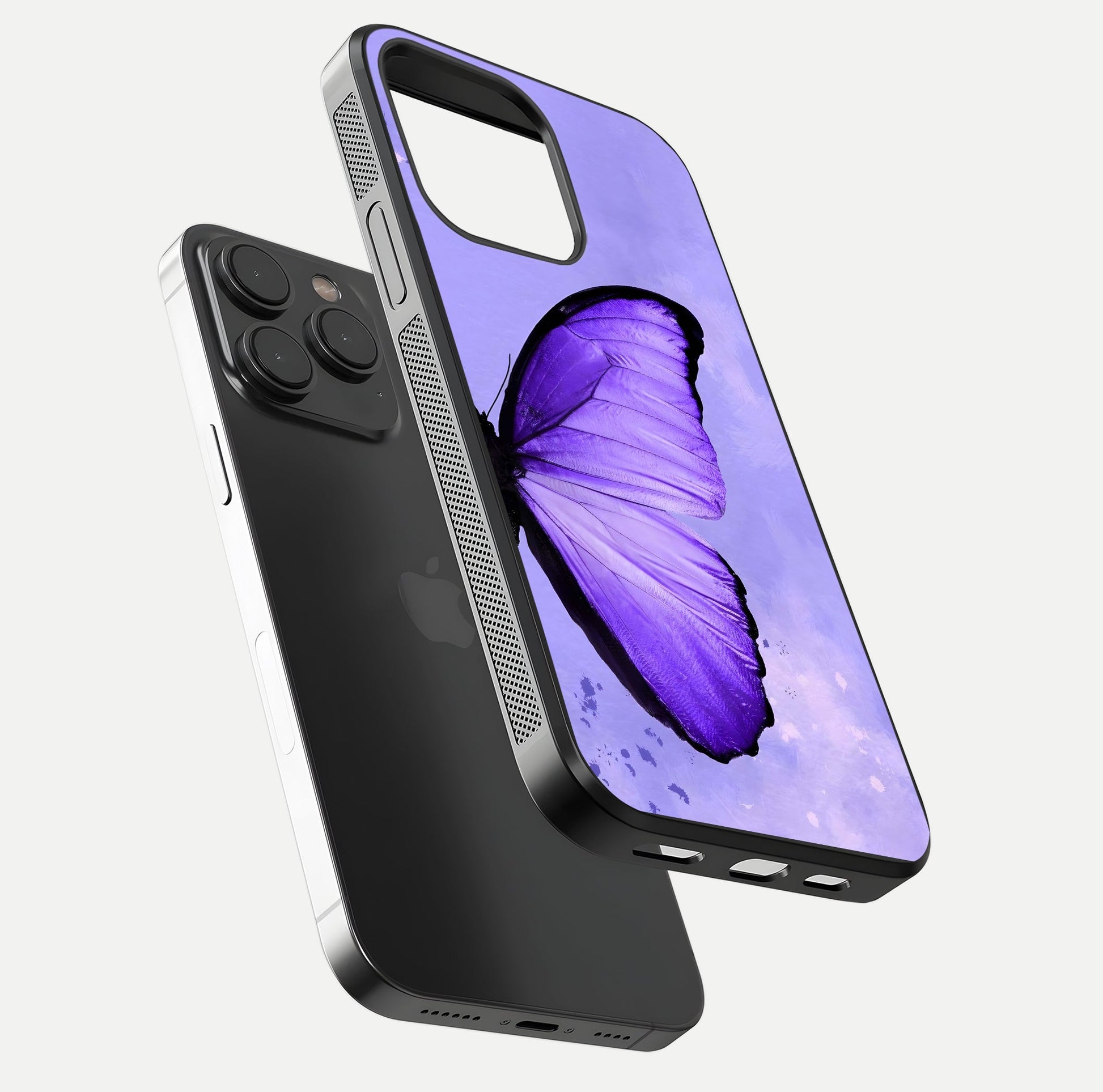 Violet Dream Wing Glass Case for iPhone 15 Pro floating dual-view mockup displaying gloss depth and clarity