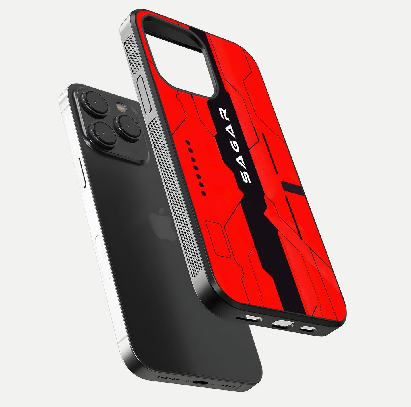 Voltage Rise CYBERPUNK Custom Name Glass Case for iPhone 15 Pro floating dual-view mockup displaying gloss shine and lighting