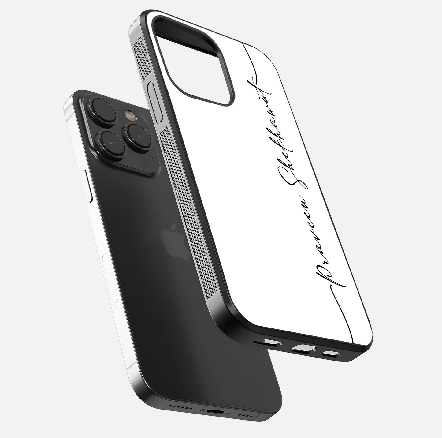 White Tune Custom Name Glass Case for iPhone 15 Pro floating dual-view mockup displaying gloss and HD detail